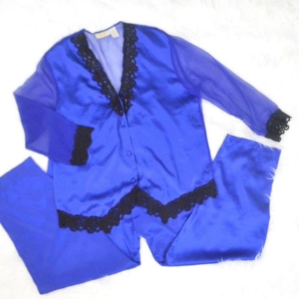 VINTAGE Victoria's Secret Blue/Black Satin Pajamas
